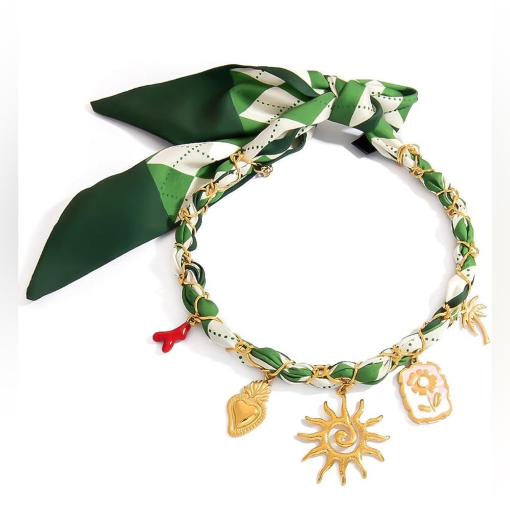 Green and Gold Charm Scarf Necklace